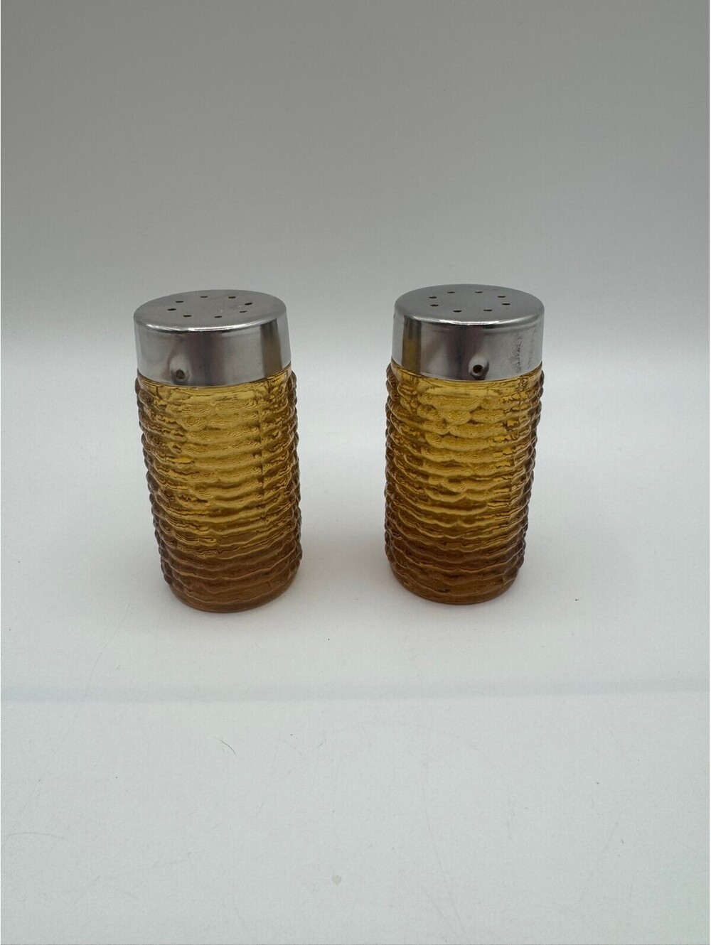 Vintage Fire-King Style Amber Beehive Ribbed Glass Salt Pepper Shakers MCM
